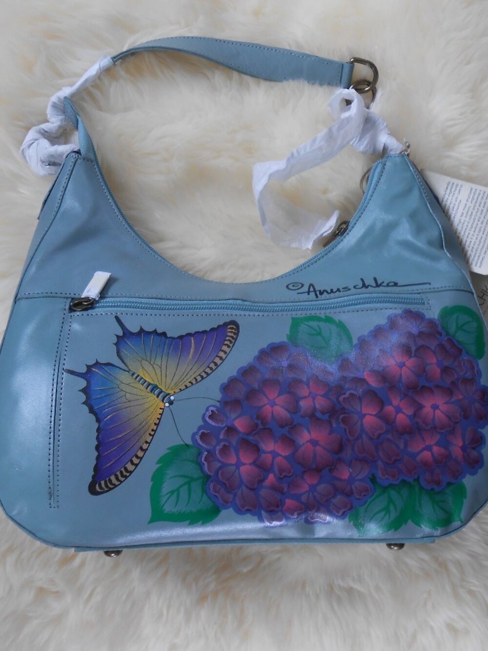 ANUSCHKA PURSE-HANDBAG-HAND PAINTED-BUTTERFLIES-PURPLE FLOWER-NEW WITH TAGS!